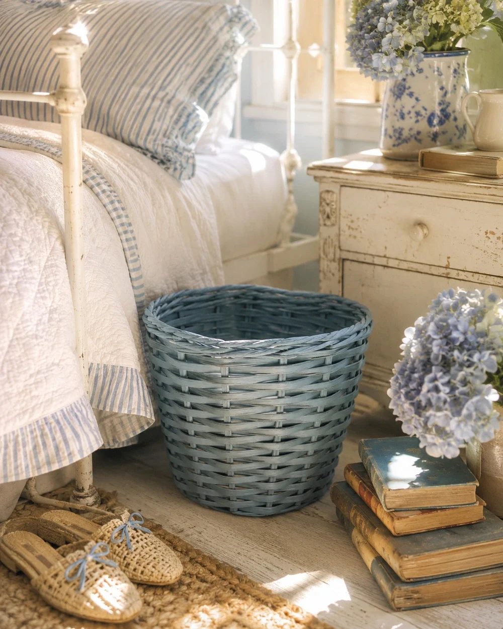 Vintage Heart Shaped Wicker Waste Basket Trash Bin Dusty Blue Cottage Farmhouse
